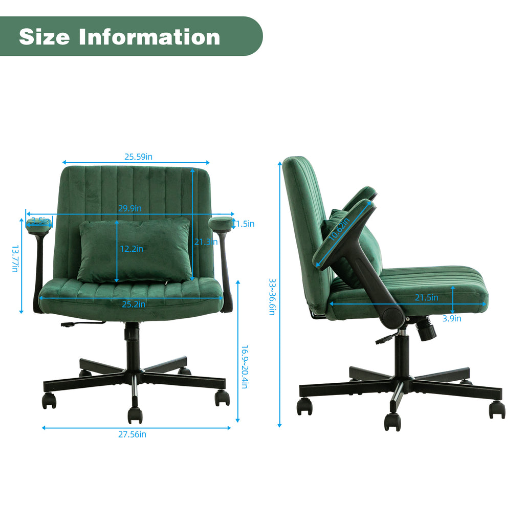 Green Velvet Criss Cross Armrest Office Chair with Wheels - Modern for Home Office, Meditation & Creative Work | Premium Home