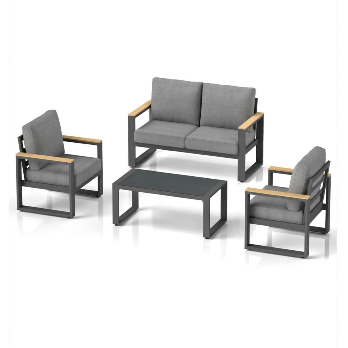 Ganzjahres-Gartenset aus grauem Aluminium mit 10 Zoll dicken Kissen und Tisch aus gehärtetem Glas, 4-teiliges Konversationssofa