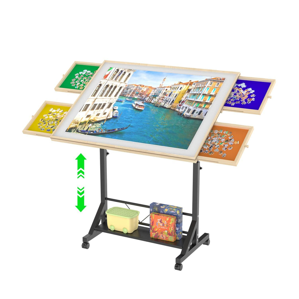 Wooden 1500 Pieces Puzzle Table with Drawer, 35'*27.17' Adjustable Puzzle Table, 360° Tilting Puzzle Table with Legs and Whee