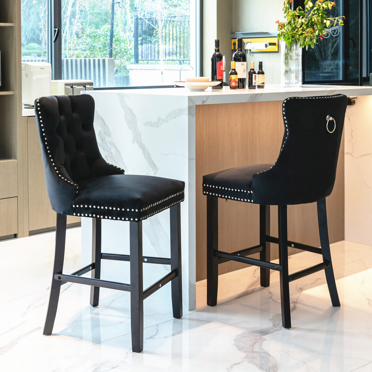 Contemporary Velvet Upholstered Barstools with Button Tufted Decoration and Wooden Legs, and Chrome Nailhead Trim, Leisure Style Bar Chairs,Bar stools, Set of 2 (Black),SW2002BK - Grand Goldman Shop