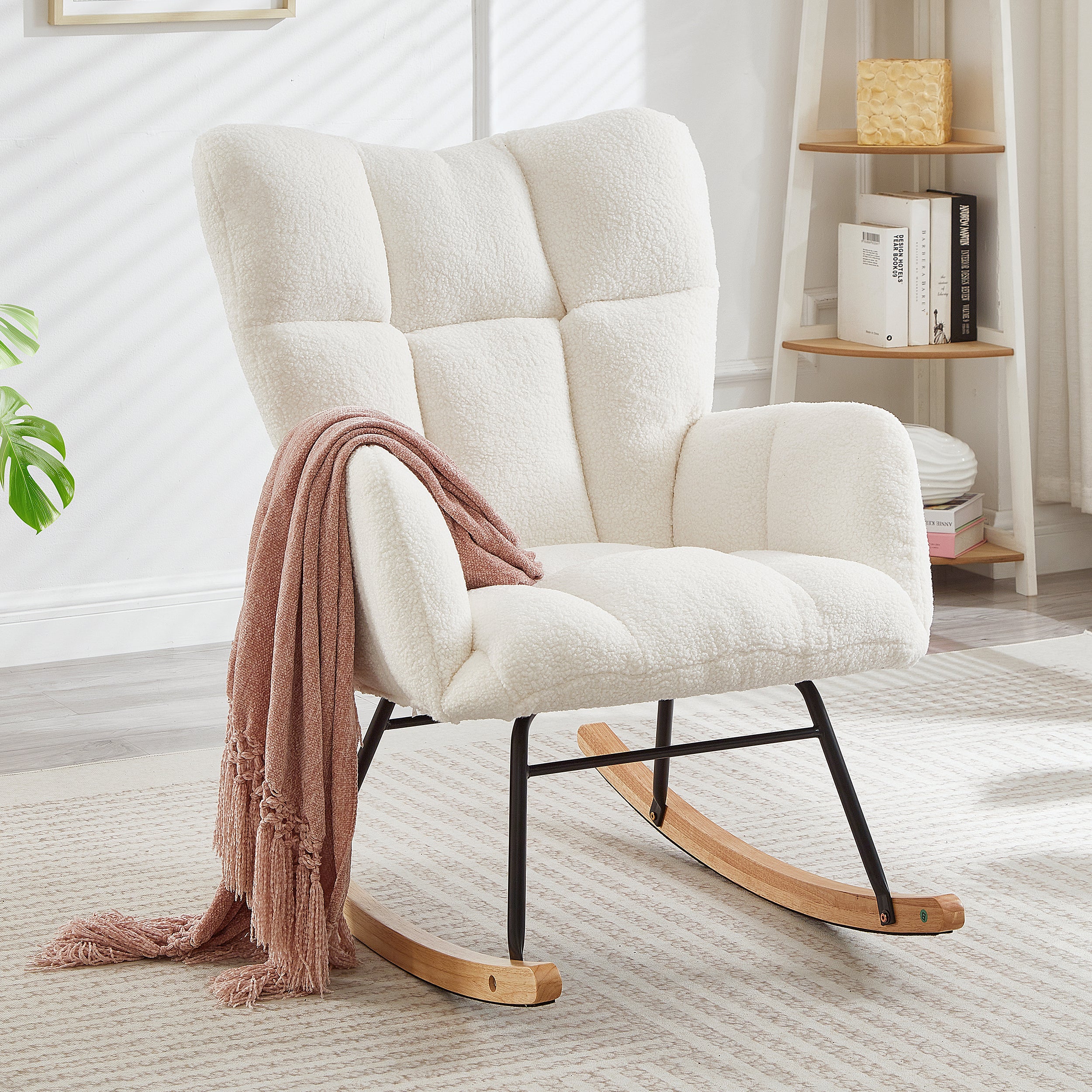 Glider Chair for Living Room Tufted Upholstered Teddy Fabric Rocking Chair with Metal Frame Accent Chair Ivory White - Grand Goldman Shop