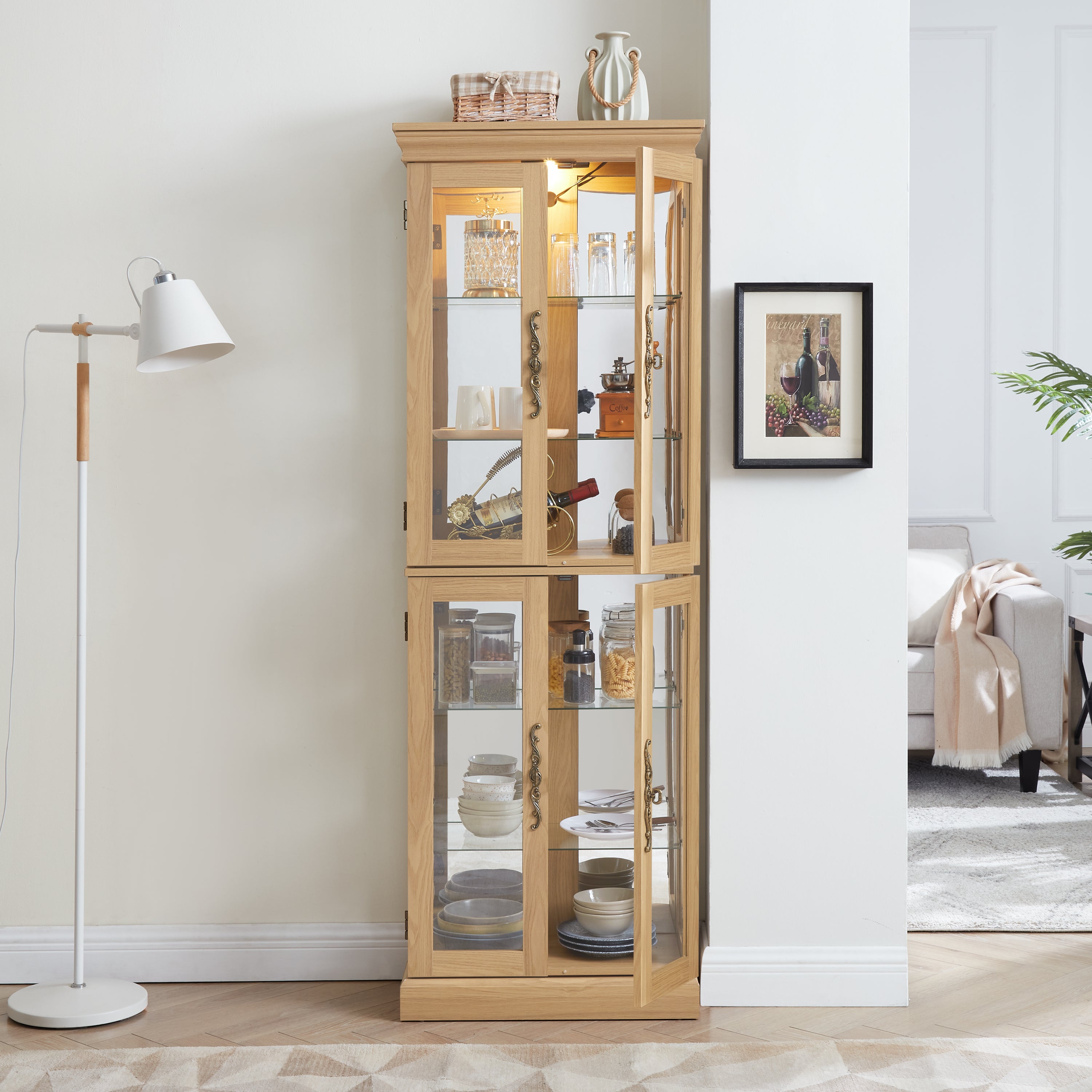 Lighted Glass Curio Display Cabinet,Display Cabinet,Glass Storage Cabinet Glass Wine cabinet Wood Frame Toy Display for Living Room, Kitchen, Pantry light bulb included Light oak - Grand Goldman Shop