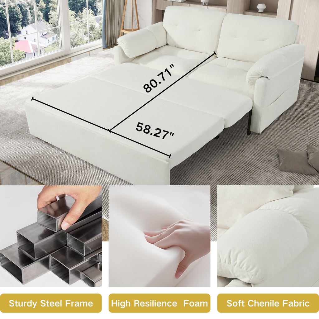 Convertible Pull-Out Queen Sleeper Sofa, 3-in-1 Loveseat with Side Storage & 8 Silent Casters, Beige Chenille Fabric, Fits Living Room, Bedroom, Apartment - Grand Goldman Shop