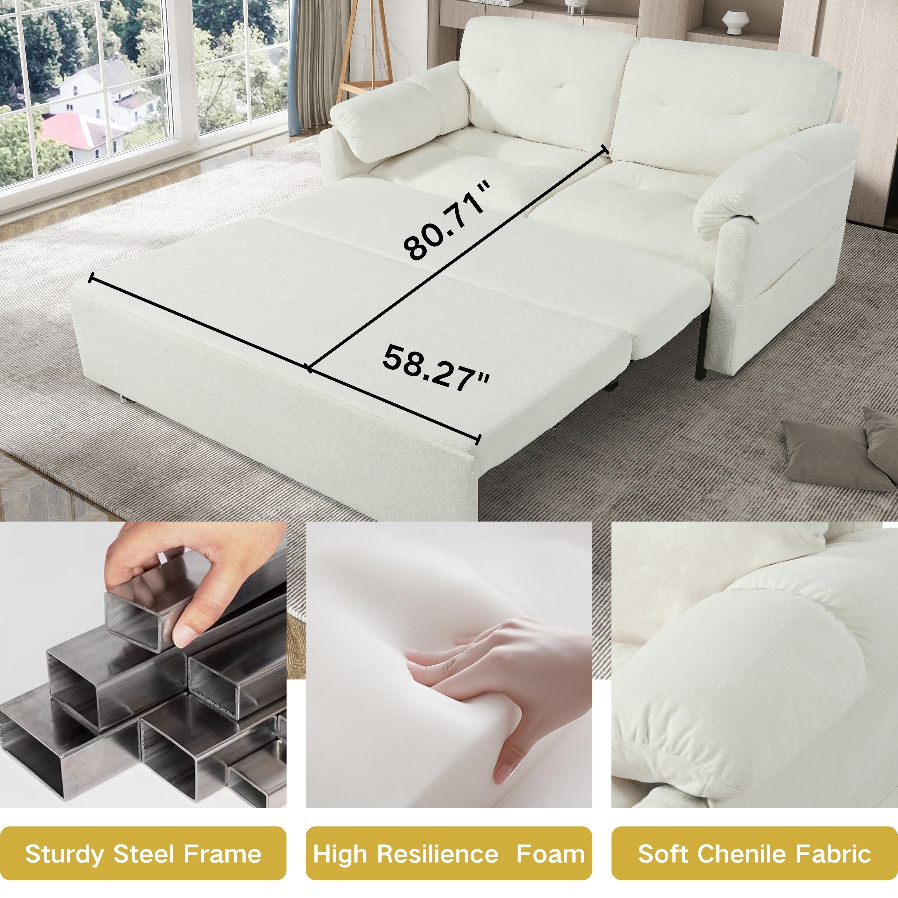 Convertible Pull-Out Queen Sleeper Sofa, 3-in-1 Loveseat with Side Storage & 8 Silent Casters, Beige Chenille Fabric, Fits Living Room, Bedroom, Apartment - Grand Goldman Shop