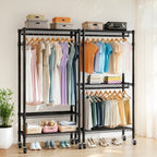 Heavy Duty Rolling Clothes Rack with 3 Tier Shelves, 2 Rails & Side Hooks, Adjustable Freestanding Organizer, Black Metal - Grand Goldman Shop