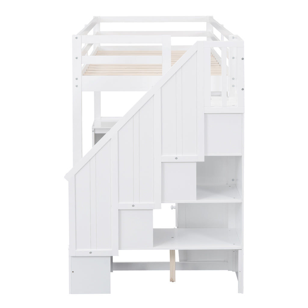 White Twin Size Loft Bed with L-Shaped Desk, Drawers, Cabinet, and Storage Staircase - Pine Wood & MDF - Grand Goldman Shop
