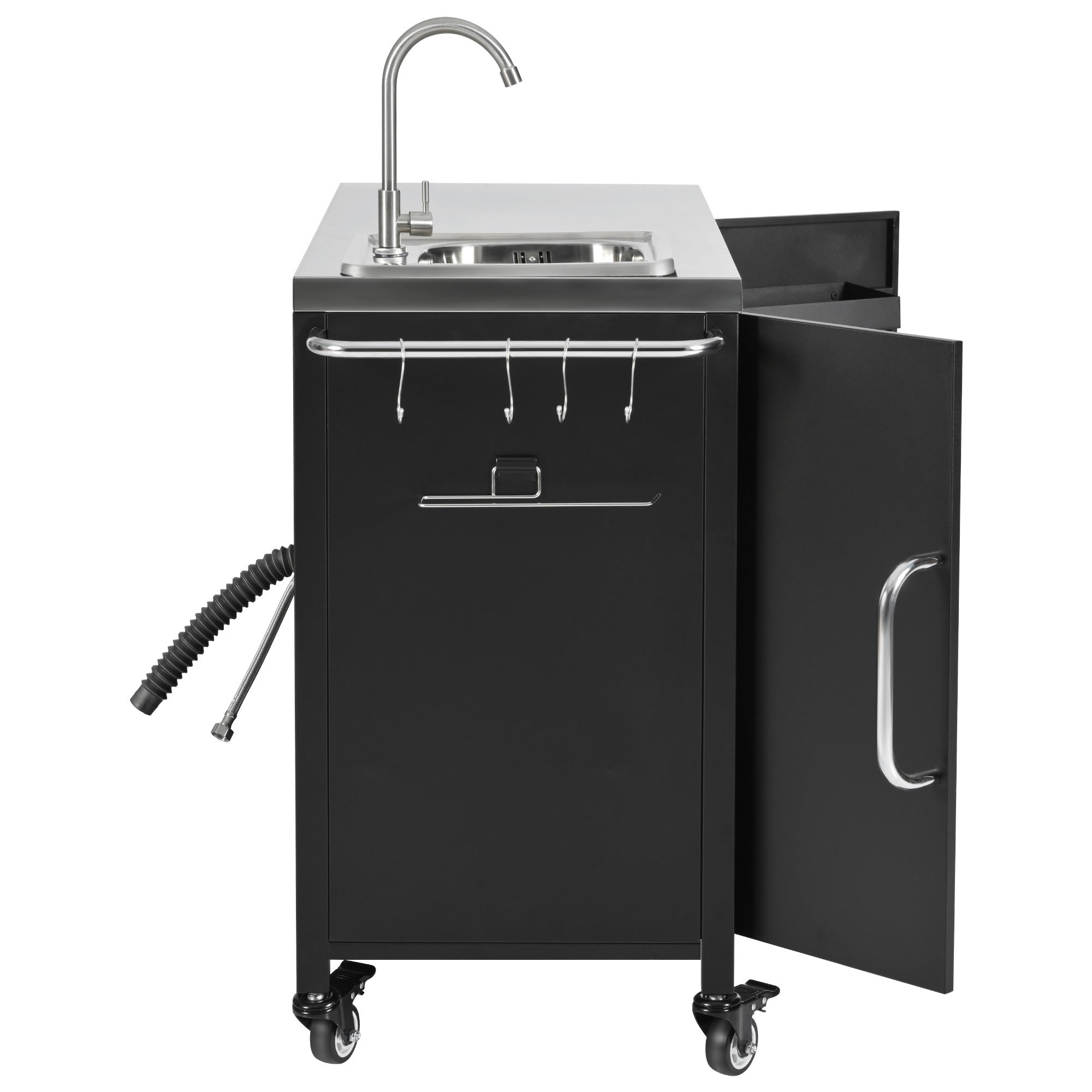 K&K 55.5' Outdoor Kitchen Island with Sink, Metal Grill Cart Table with 304 Stainless Steel Sink, Outdoor Bar Cart Sink Station with 4 Lockable Wheels for Pizza Prep & BBQ, L 55.5' x W 20' H 36.7' - Grand Goldman Shop