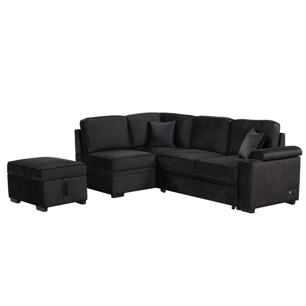 Modern Velvet Sleeper Sofa Bed with Storage Ottoman, Black, 84.75' L Shape - Grand Goldman Shop
