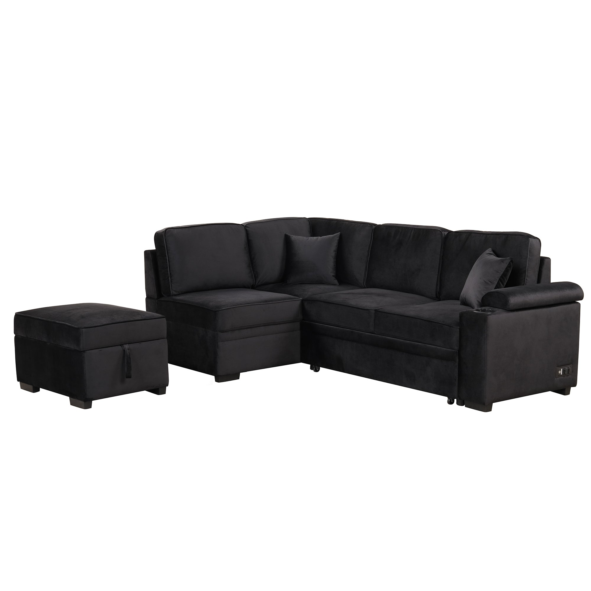 Modern Velvet Sleeper Sofa Bed with Storage Ottoman, Black, 84.75' L Shape - Grand Goldman Shop