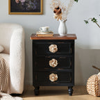 Vintage Farmhouse End Table with Floral Knobs – 19' Rustic Nightstand with 3 Drawers Gourd Legs,Bedside or Sofa Accent Table, Almost Fully Assembled, Black - Grand Goldman Shop