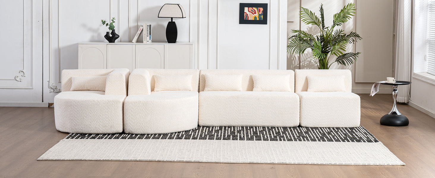 Modern Upholstered L-Shape Sofa with Chaise Lounge and Back Pillows, Beige Boucle Fabric, 144 inches - Grand Goldman Shop