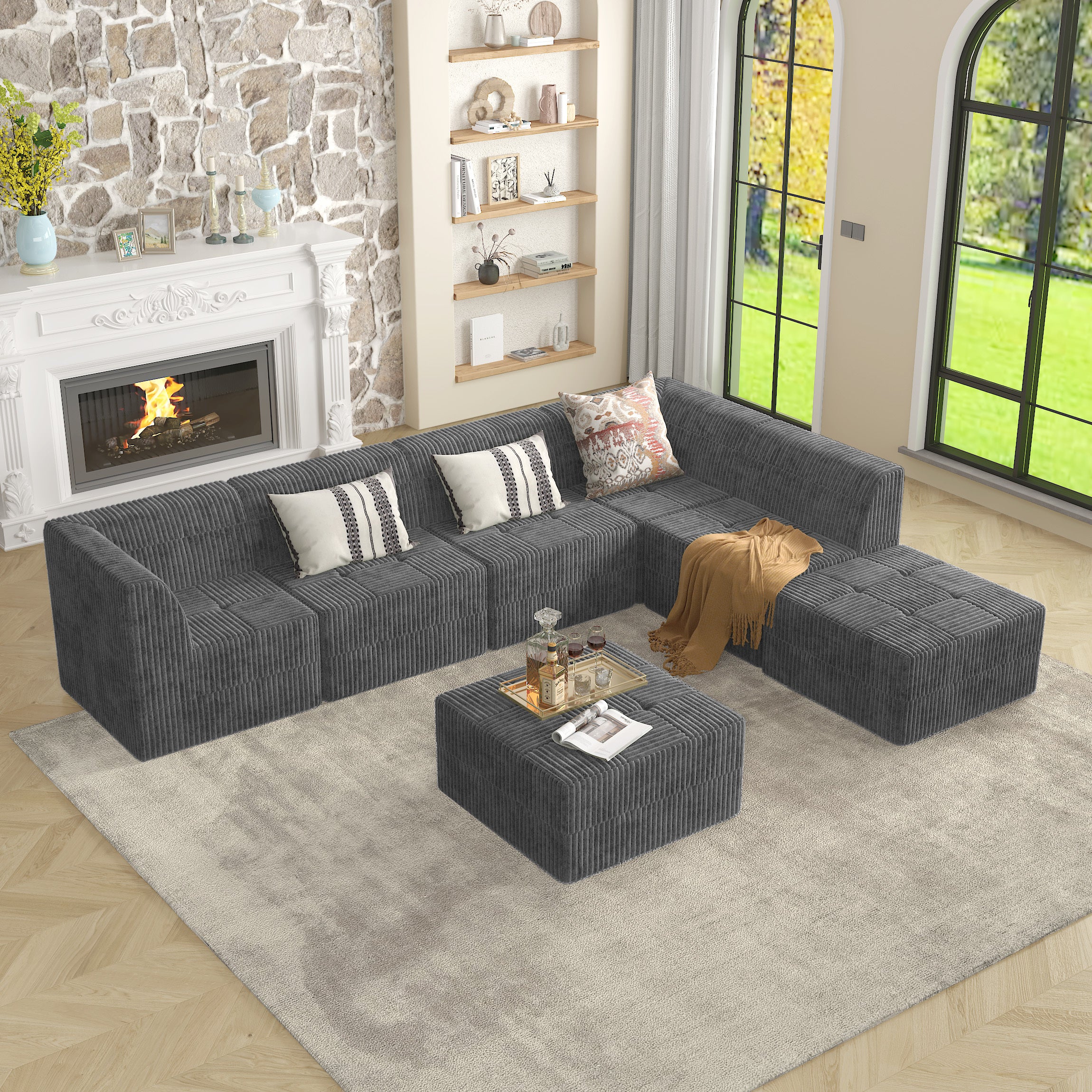 Modern Minimalist Compressed Sectional Sofa Corduroy Couch, Sleeper Sofa for Living Room, Bedroom, Space-Efficient Design, Grey - Grand Goldman Shop