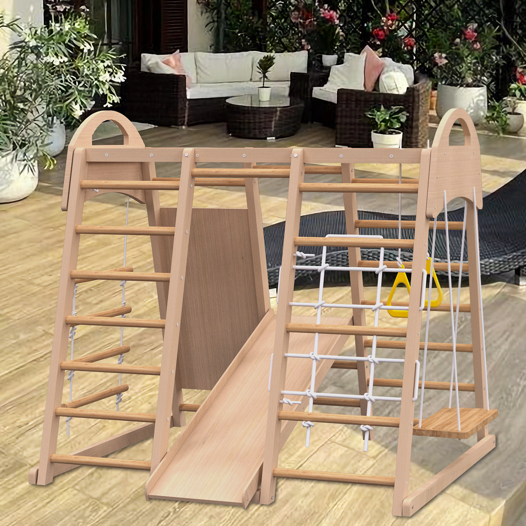 Indoor Playground 7-in-1 Jungle Gym Playset for Kids 2-6yrs - Slide, Climbing Wall, Rope Wall Climber, Monkey Bars, Swing - W