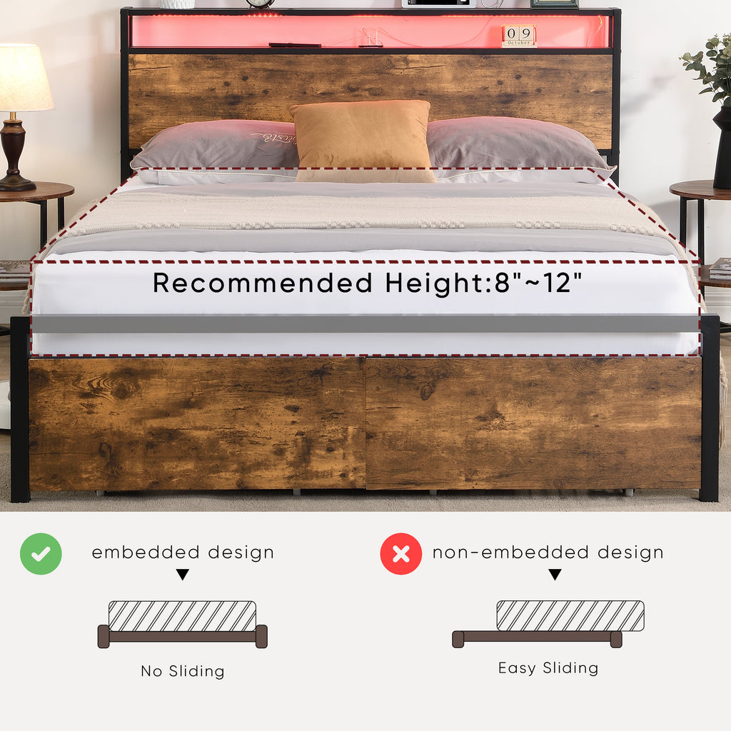 Full Size Bed Frame with Storage Headboard and 2 Drawers, LED Lights Bed with Charging Station, Metal Platform Bed No Noise, Mattress Foundation Strong Metal Slats Support No Box Spring Needed - Grand Goldman Shop