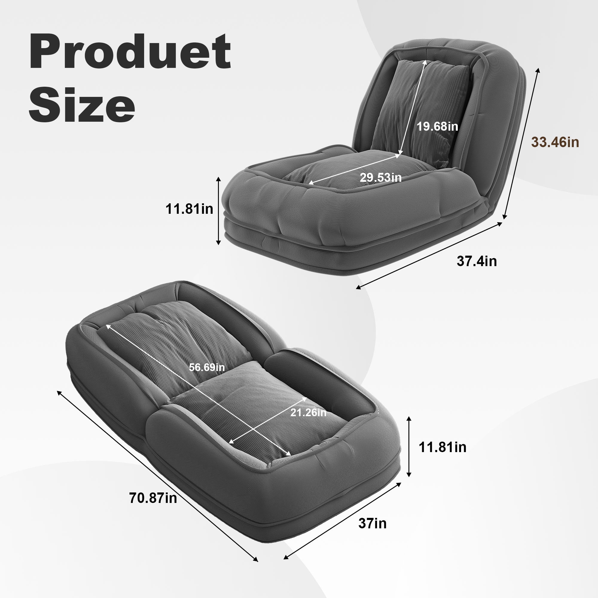 Upholstered Foldable Lazy Sofa Bed for Adults and Pets, 5-Position Adjustable Recliner with 2 Soft Pillows in Grey Corduroy Fabric - Grand Goldman Shop