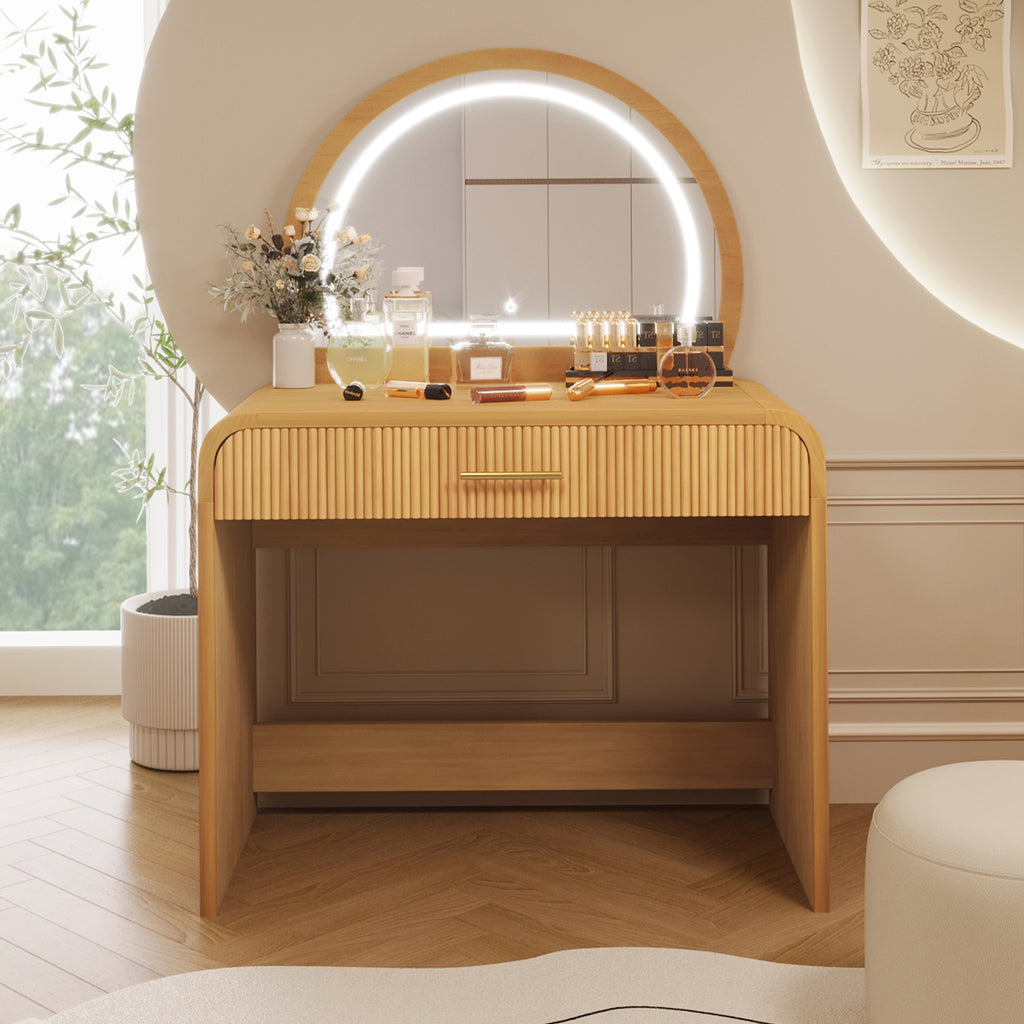 39' Makeup Vanity Table with Mirror Touch Screen Lighted Mirror, Dressing Table with Drawer for Bedroom, Natural - Grand Goldman Shop