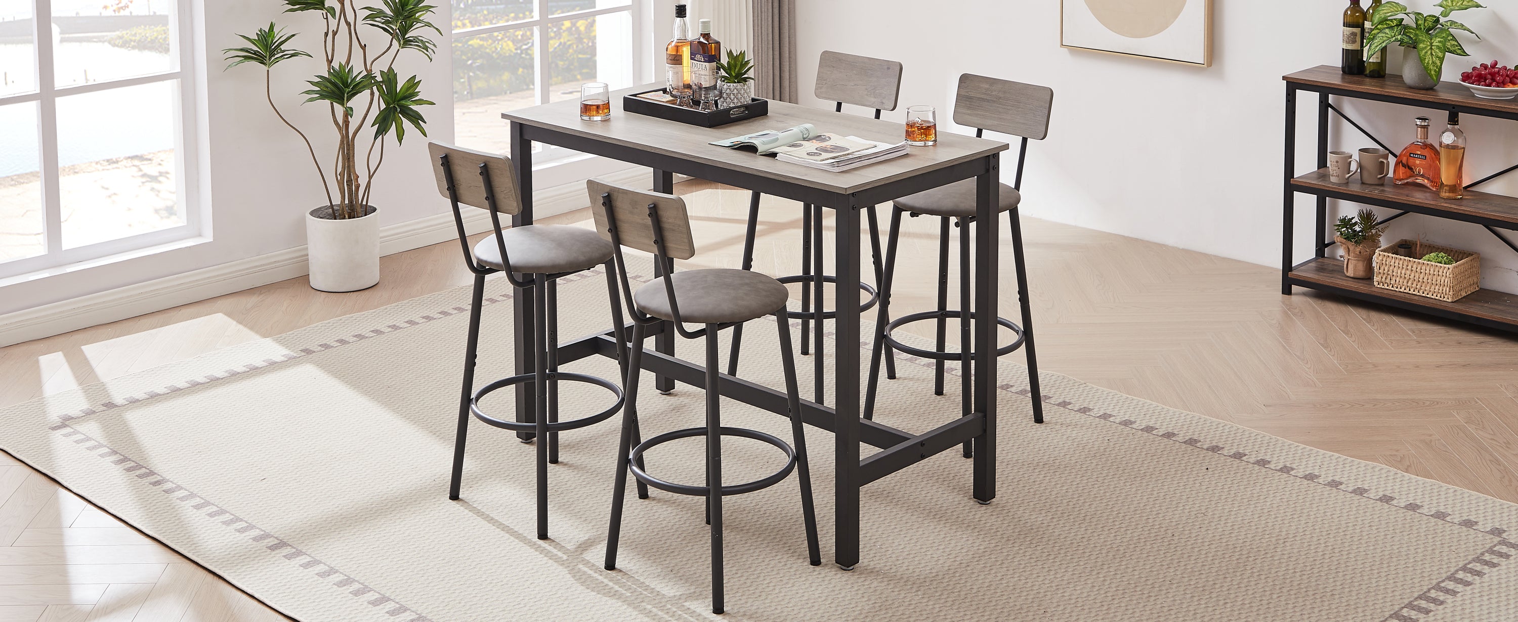 Bar Table Set with 4 Bar stools PU Soft seat with backrest, Grey, 47.24'' L x 23.62'' W x 35.43'' H - Grand Goldman Shop