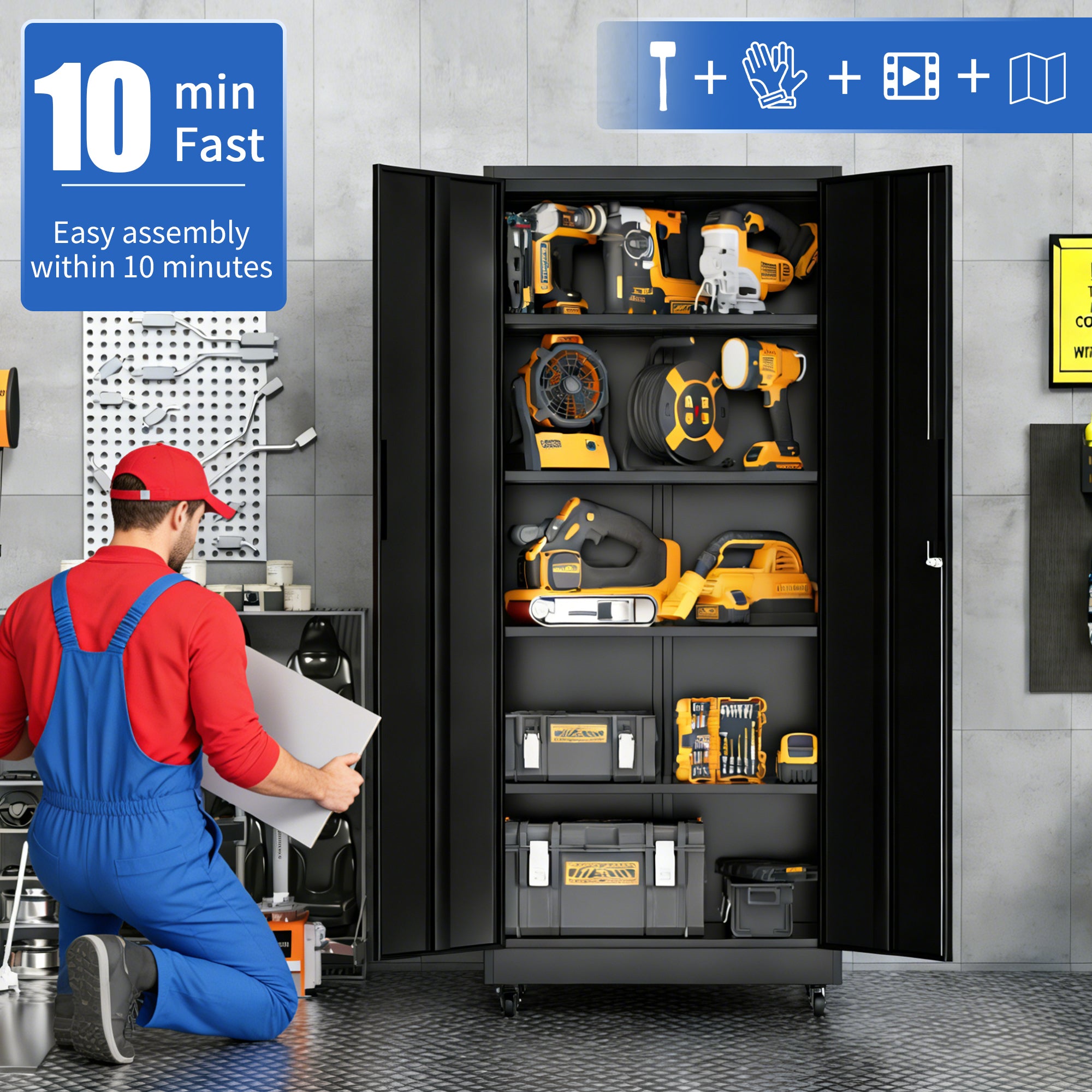 71'H Metal Garage Storage Cabinet with Wheels and Lock, Heavy Duty Rolling Metal Cabinet, 4 Adjustable Shelves (180lb Each), 