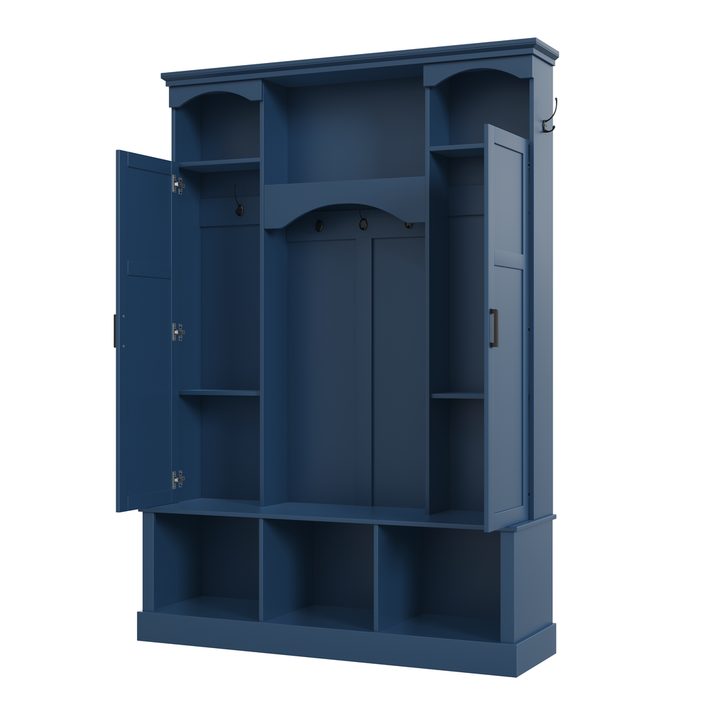 ON-TREND Modern All-in-One Hall Tree with Adjustable Shelves, Classic Arched Farmhouse Storage Bench with Dual Side Cabinets, Elegant Entryway Organizer with 7 Hooks for Mudroom, Hallway, Blue - Grand Goldman Shop