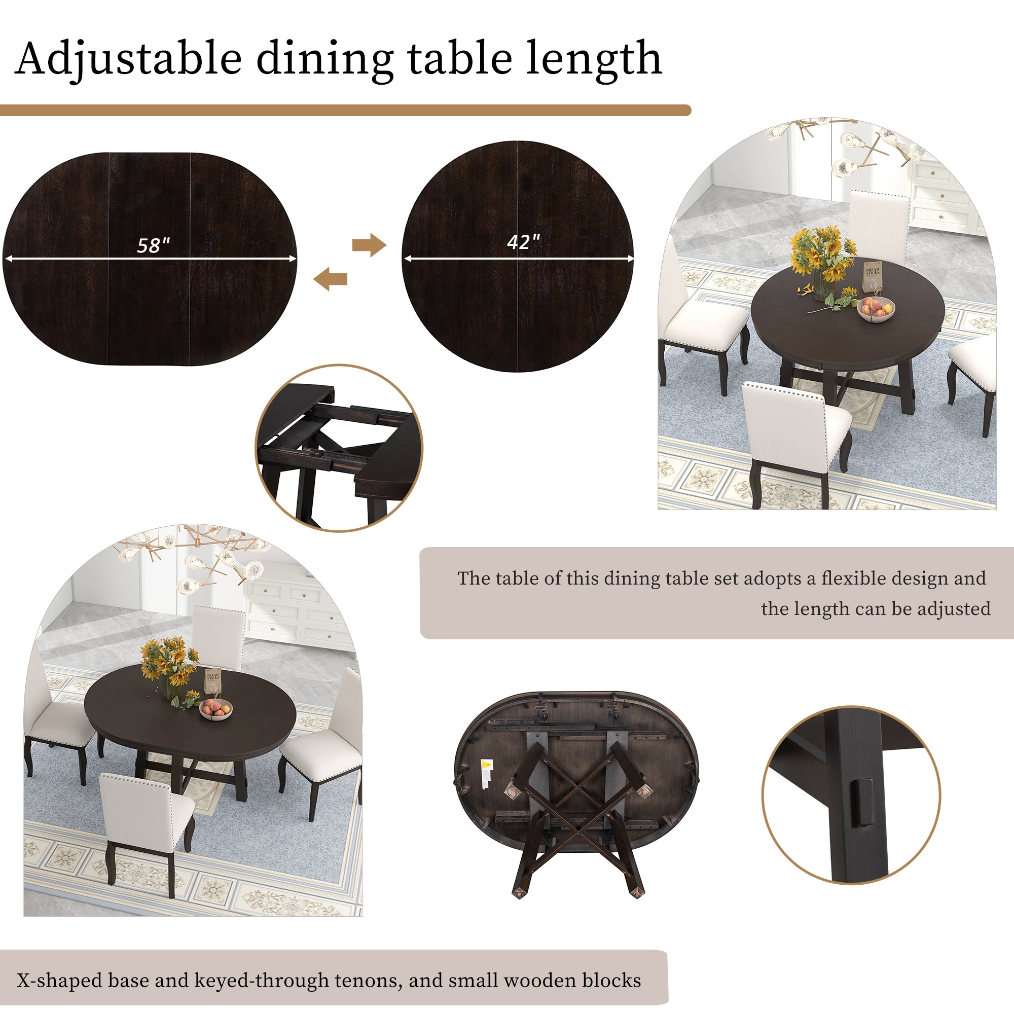 Gia Round Extendable Dining Table with 16' Leaf Wood, Espresso - Grand Goldman Shop