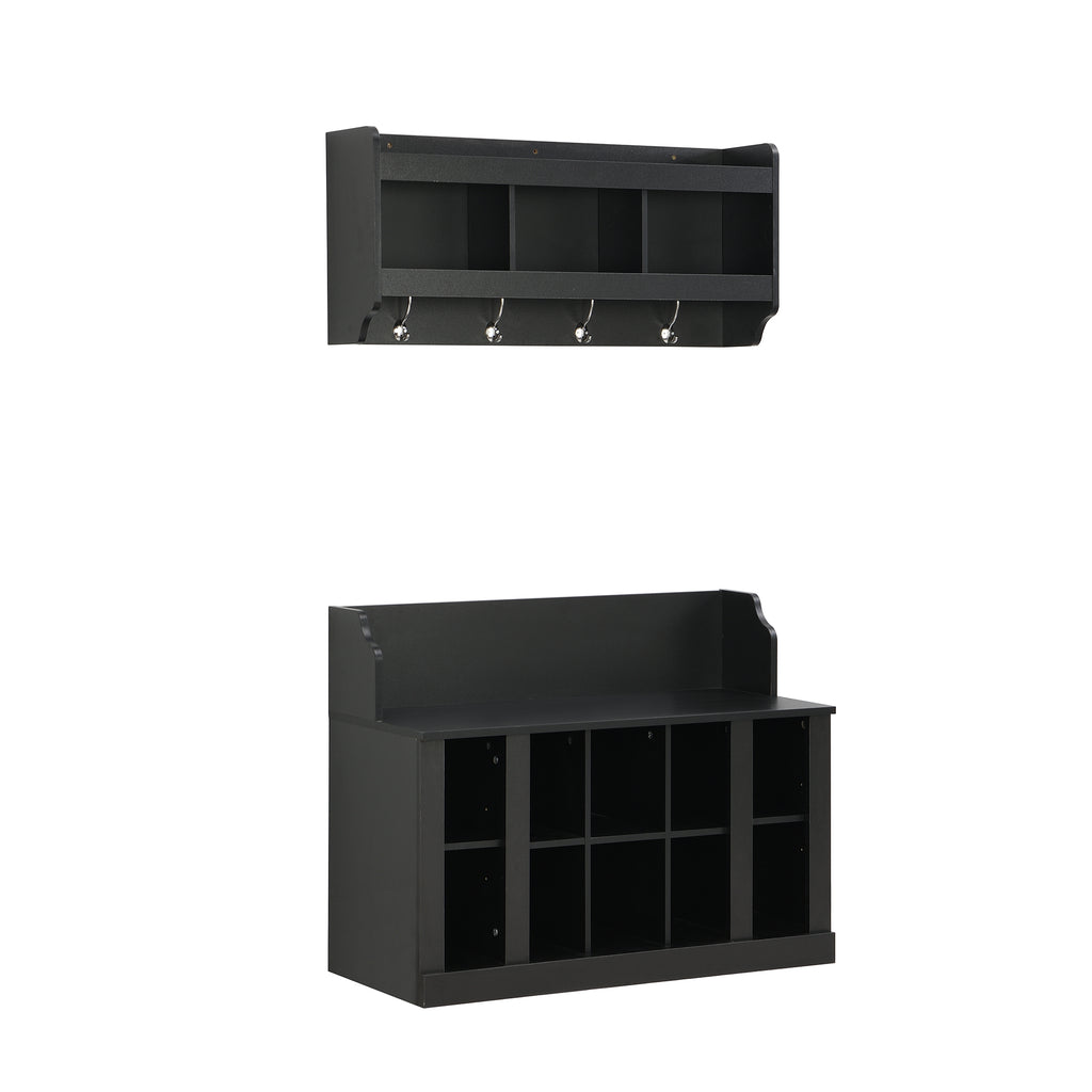 ON-TREND Shoe Storage Bench with Shelves and 4 Hooks, Elegant Hall Tree with Wall Mounted Coat Rack, Entryway Organizer For Hallway, Foyer, Mudroom, Black - Grand Goldman Shop
