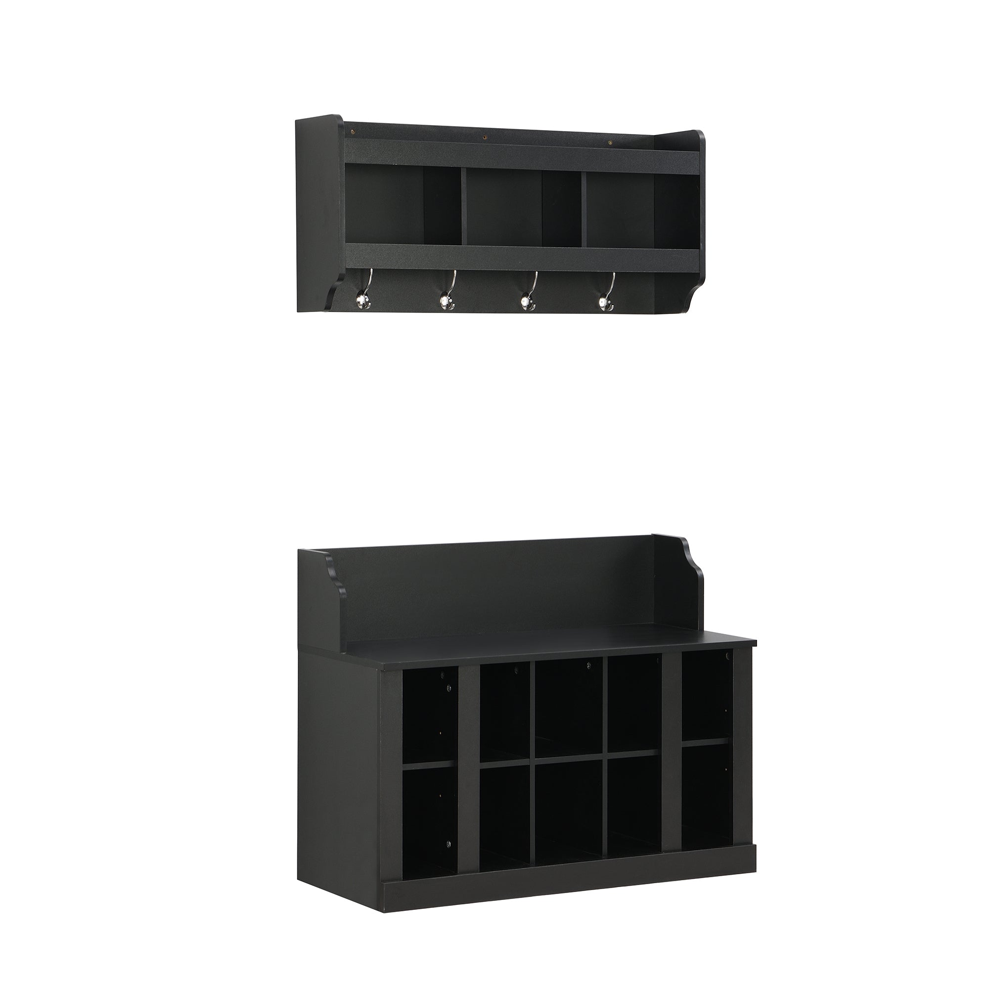 ON-TREND Shoe Storage Bench with Shelves and 4 Hooks, Elegant Hall Tree with Wall Mounted Coat Rack, Entryway Organizer For Hallway, Foyer, Mudroom, Black - Grand Goldman Shop