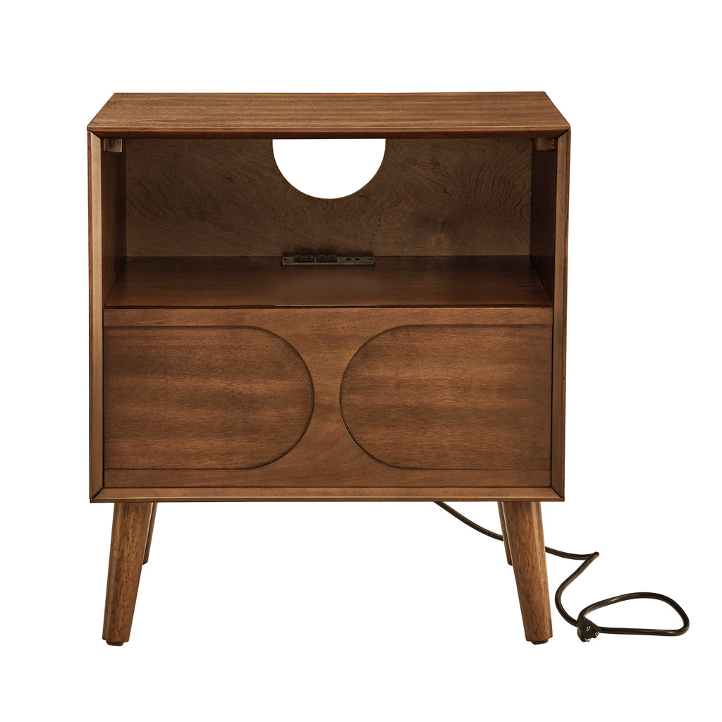 Mid Century Modern Fluted Nightstand with Charging Station USB Ports & Outlet Hole & 4 Solid Wood Legs, Farmhouse End Table with Open Space and Drawer Dresser, Walnut - Grand Goldman Shop