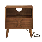 Mid Century Modern Fluted Nightstand with Charging Station USB Ports & Outlet Hole & 4 Solid Wood Legs, Farmhouse End Table with Open Space and Drawer Dresser, Walnut - Grand Goldman Shop