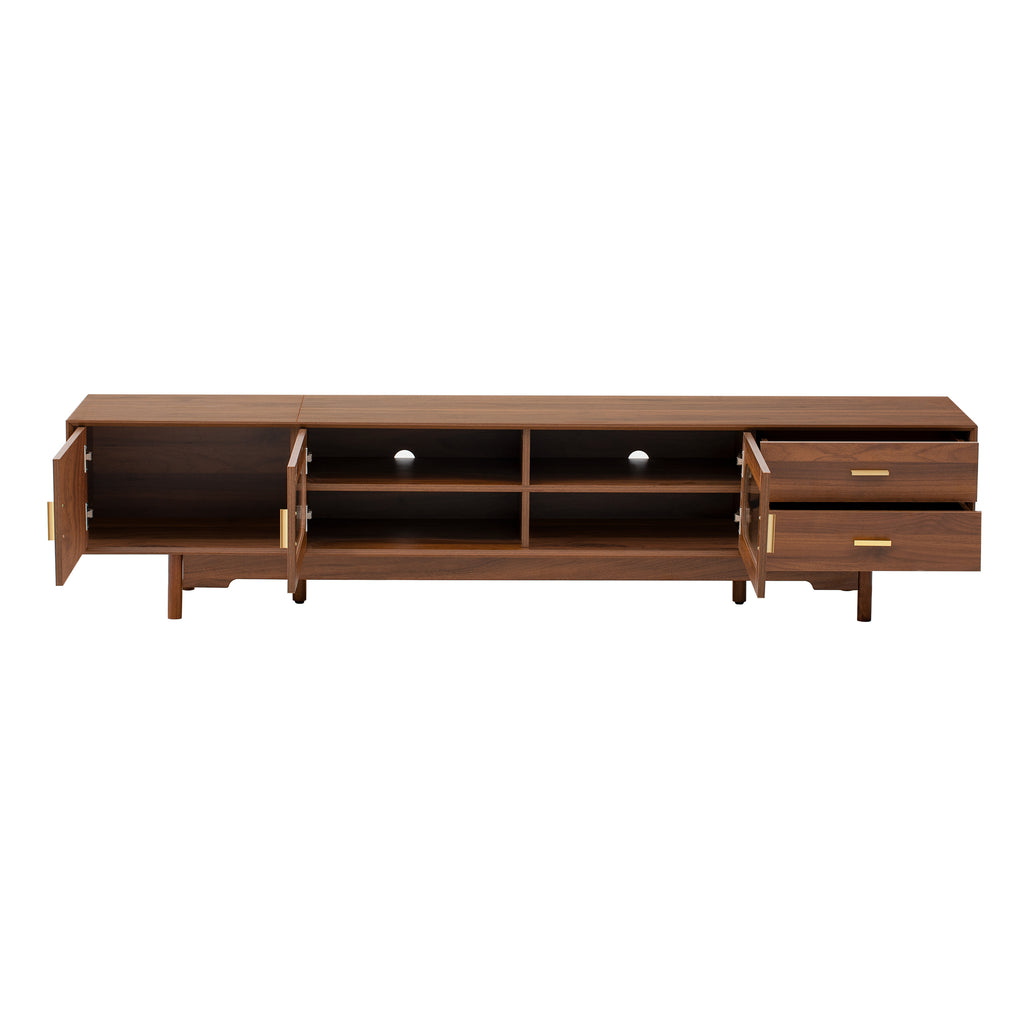 Modern TV Stand for 75-85 inch TVs with Fluted Glass Doors, 2 Drawers, Walnut Solid Wood Legs, 78.7'' L - Grand Goldman Shop