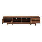 Modern TV Stand for 75-85 inch TVs with Fluted Glass Doors, 2 Drawers, Walnut Solid Wood Legs, 78.7'' L - Grand Goldman Shop
