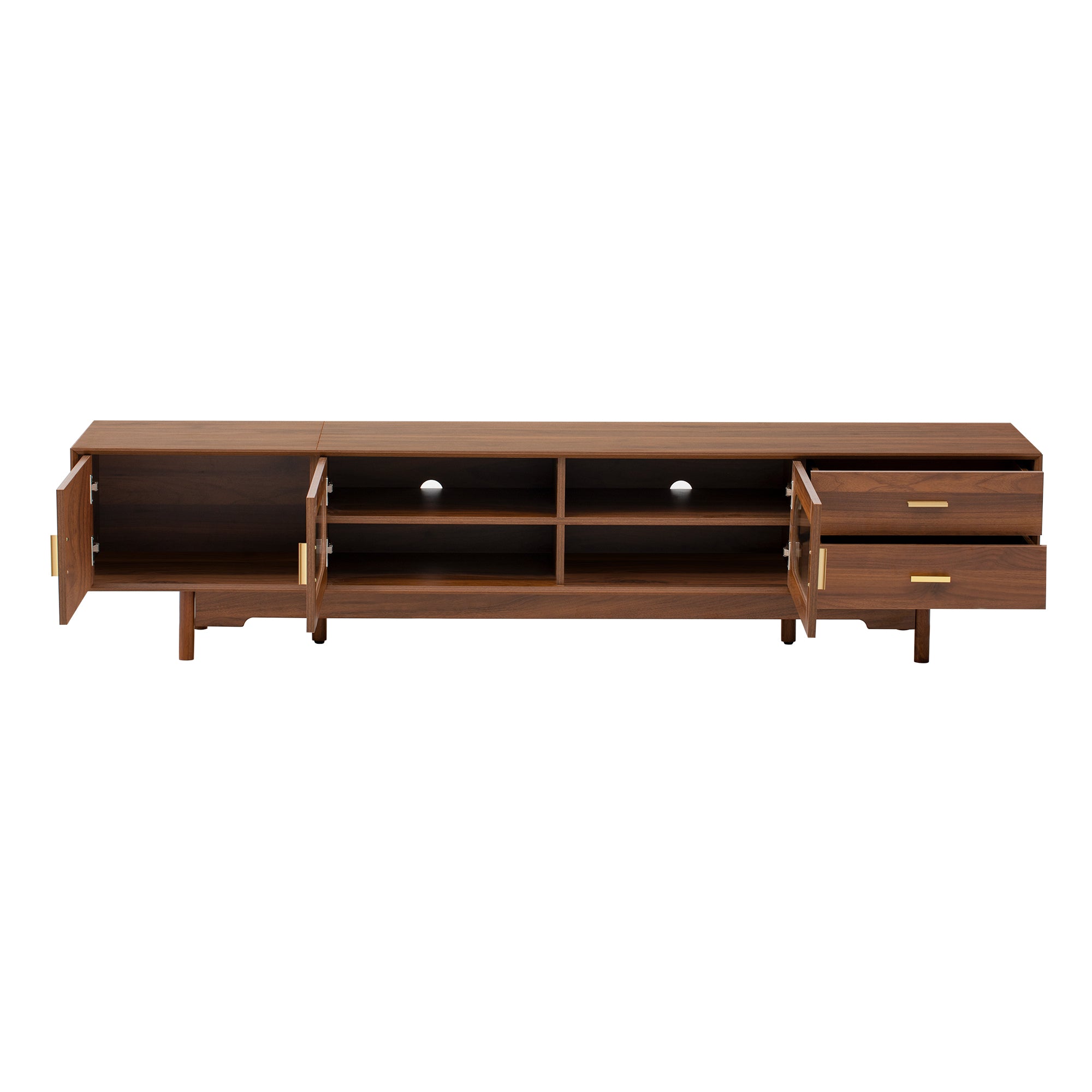 Modern TV Stand for 75-85 inch TVs with Fluted Glass Doors, 2 Drawers, Walnut Solid Wood Legs, 78.7'' L - Grand Goldman Shop
