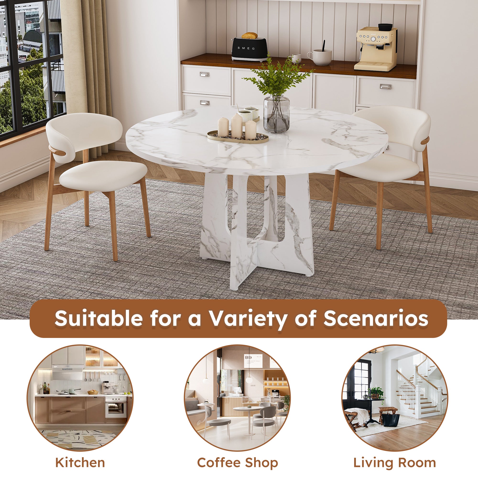Modern Farmhouse 47.24' Round Dining Table for 4 with Marble White Finish MDF and Iron - Grand Goldman Shop