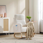 Modern Accent Rocking Chair Rocking Chair with Solid Wood Legs, Upholstered Nursery Glider Rocker, Comfy Armchair with Side Pocket, Living Room Lounge Arm Chair with High Backrest (white,teddy) - Grand Goldman Shop