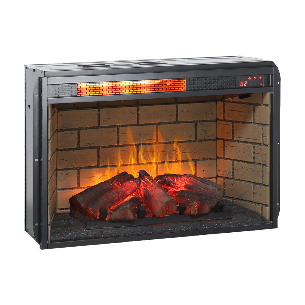 26 Inch Infrared Quartz Heater Fireplace Insert - Woodlog Version with Brick Background, Antique Black, Tempered Glass and Sheet Metal - Grand Goldman Shop
