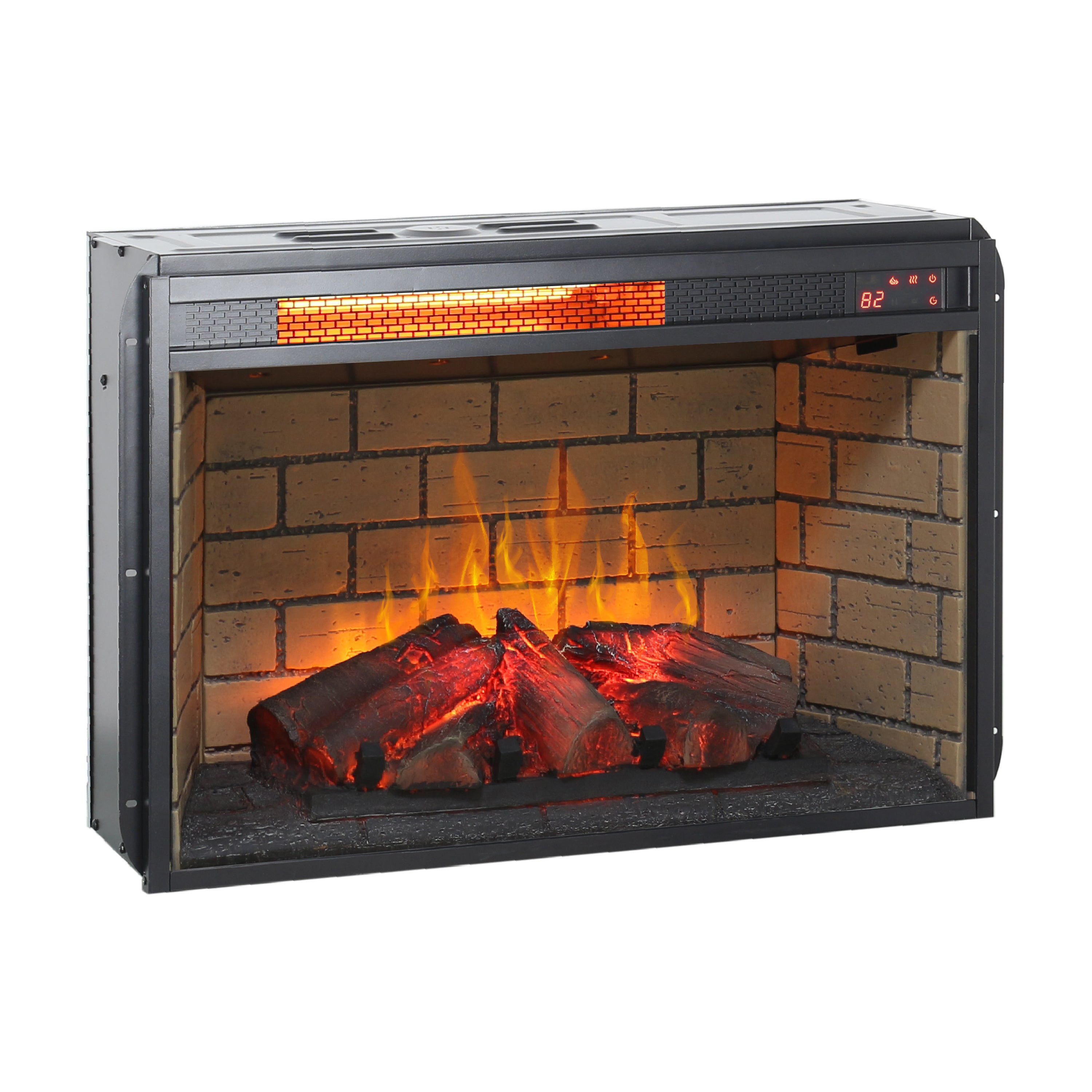 26 Inch Infrared Quartz Heater Fireplace Insert - Woodlog Version with Brick Background, Antique Black, Tempered Glass and Sheet Metal - Grand Goldman Shop