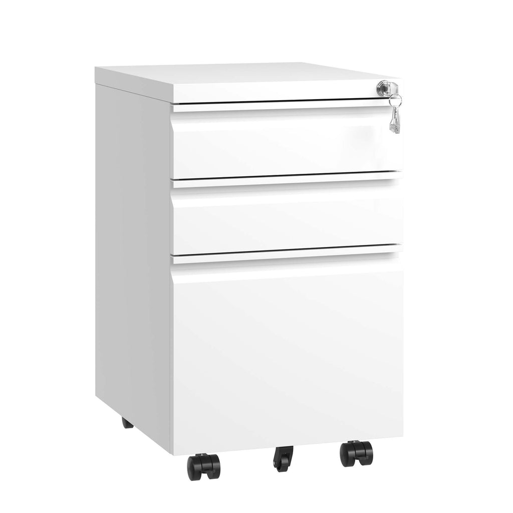 White Mobile 3-Drawer File Cabinet with Lock, Metal Organizer for Home Office, Fully Assembled | Premium Home Decor - Grand G