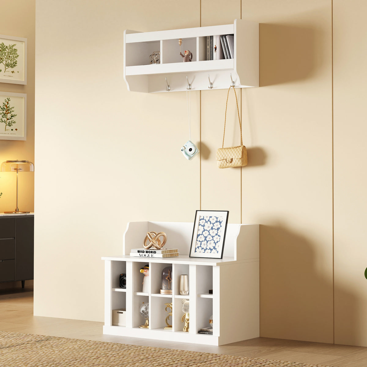 ON-TREND Shoe Storage Bench with Shelves and 4 Hooks, Elegant Hall Tree with Wall Mounted Coat Rack, Entryway Organizer For Hallway, Foyer, Mudroom, White - Grand Goldman Shop