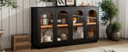 TREXM 4-Door Large Storage Buffet Cabinet with Glass Doors, Arched Cabinet with Adjustable Shelves for Kitchen, Dining Room and Living Room (Black) - Grand Goldman Shop