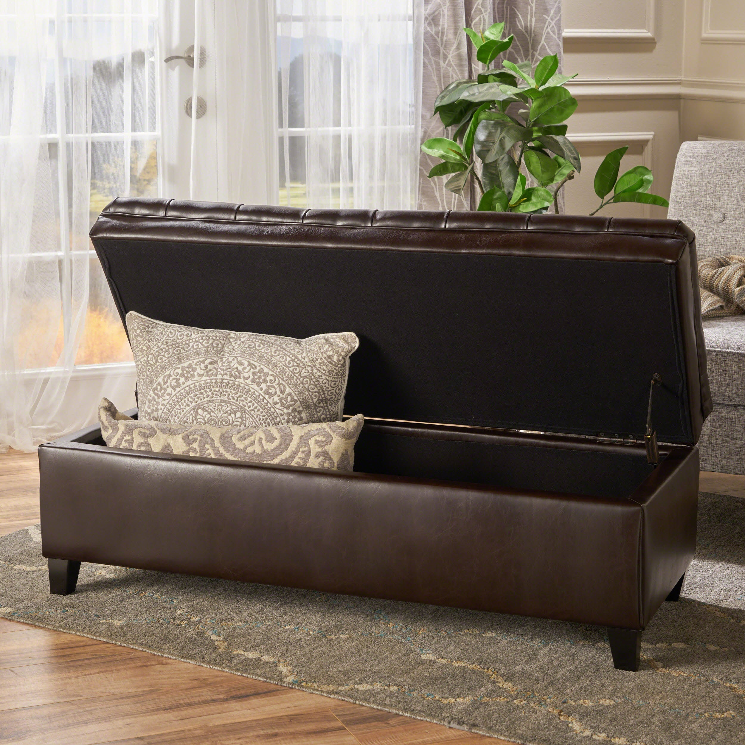 Cancia 50' Wide Faux Leather Tufted Rectangle Storage Ottoman Brown PU - Grand Goldman Shop