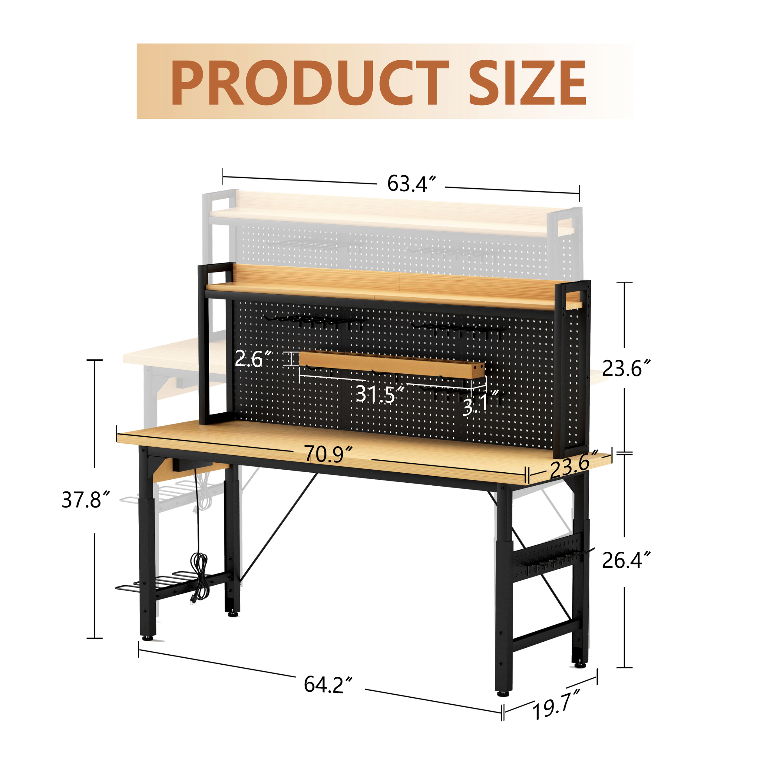 71''Adjustable Workbench with pegboard, Heavy Duty Wooden Desktop Workbench with Wheels, 1600 lb. Load Capacity, Rolling Work