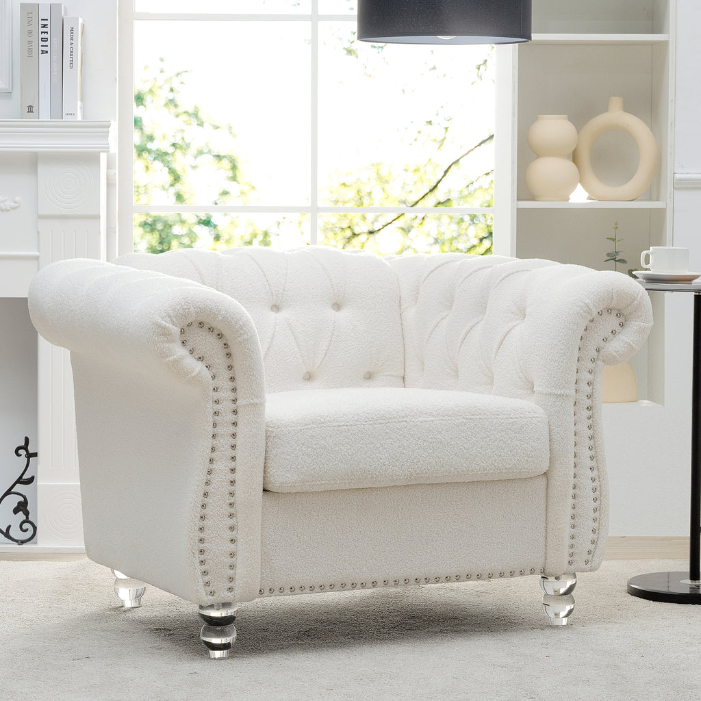 Modern Teddy Velvet 1 Seater Sofa for Living Room, White, Acrylic Legs, 38.98'W x 32.09'D x 28.35'H - Grand Goldman Shop