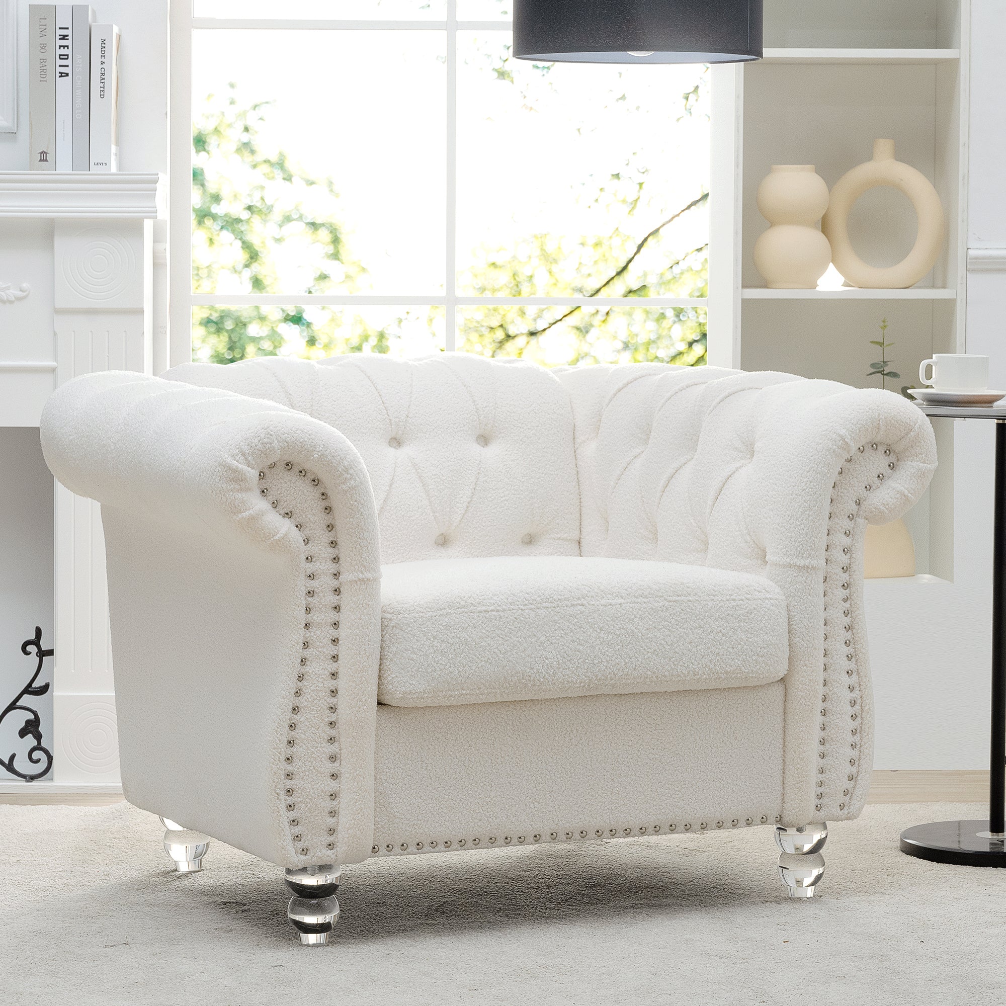 Modern Teddy Velvet 1 Seater Sofa for Living Room, White, Acrylic Legs, 38.98'W x 32.09'D x 28.35'H - Grand Goldman Shop