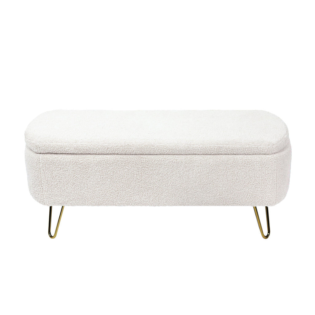 Ivory White Storage Ottoman Bench for End of Bed Gold Legs, Modern Ivory White Faux Fur Entryway Bench Upholstered Padded with Storage for Living Room Bedroom - Grand Goldman Shop