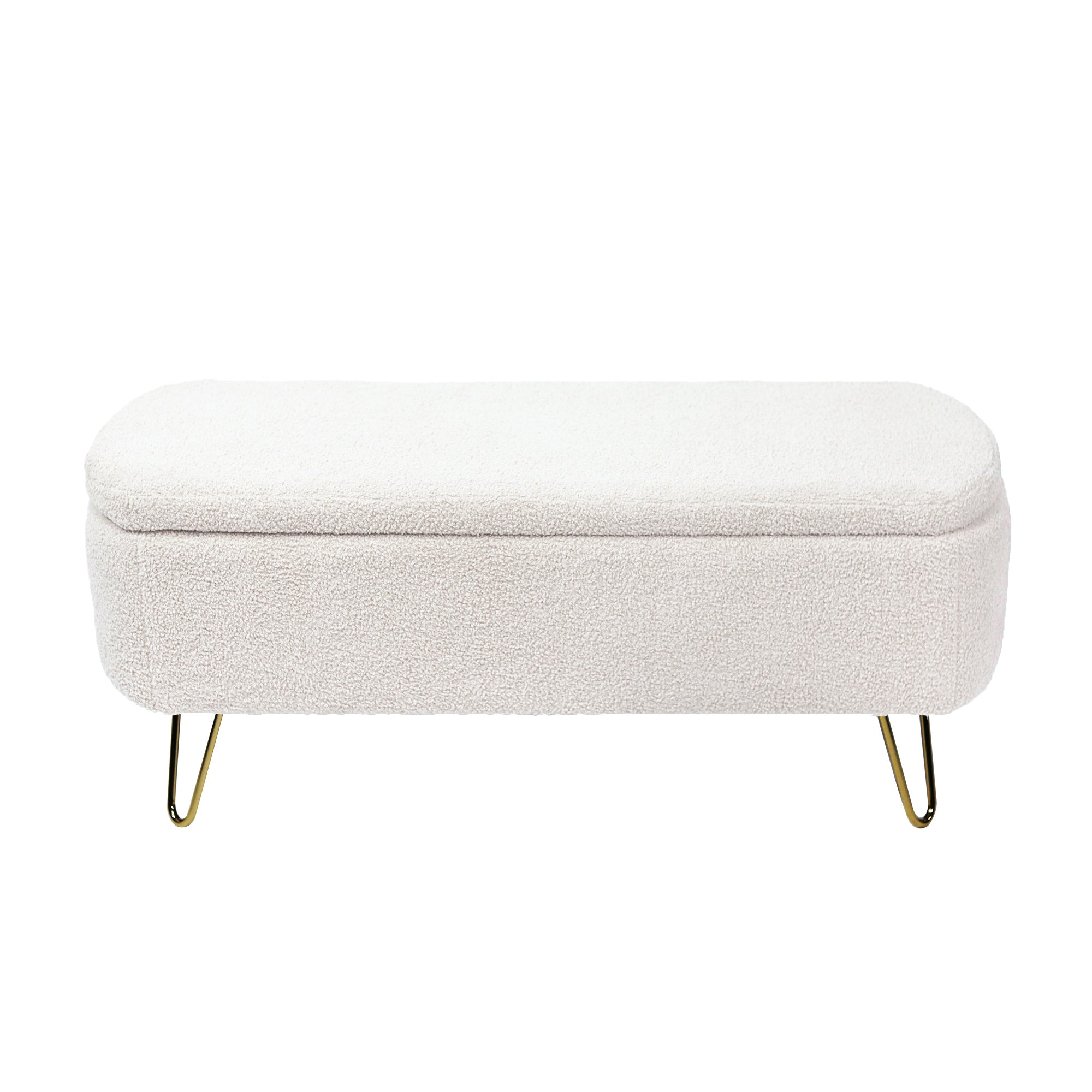 Ivory White Storage Ottoman Bench for End of Bed Gold Legs, Modern Ivory White Faux Fur Entryway Bench Upholstered Padded with Storage for Living Room Bedroom - Grand Goldman Shop