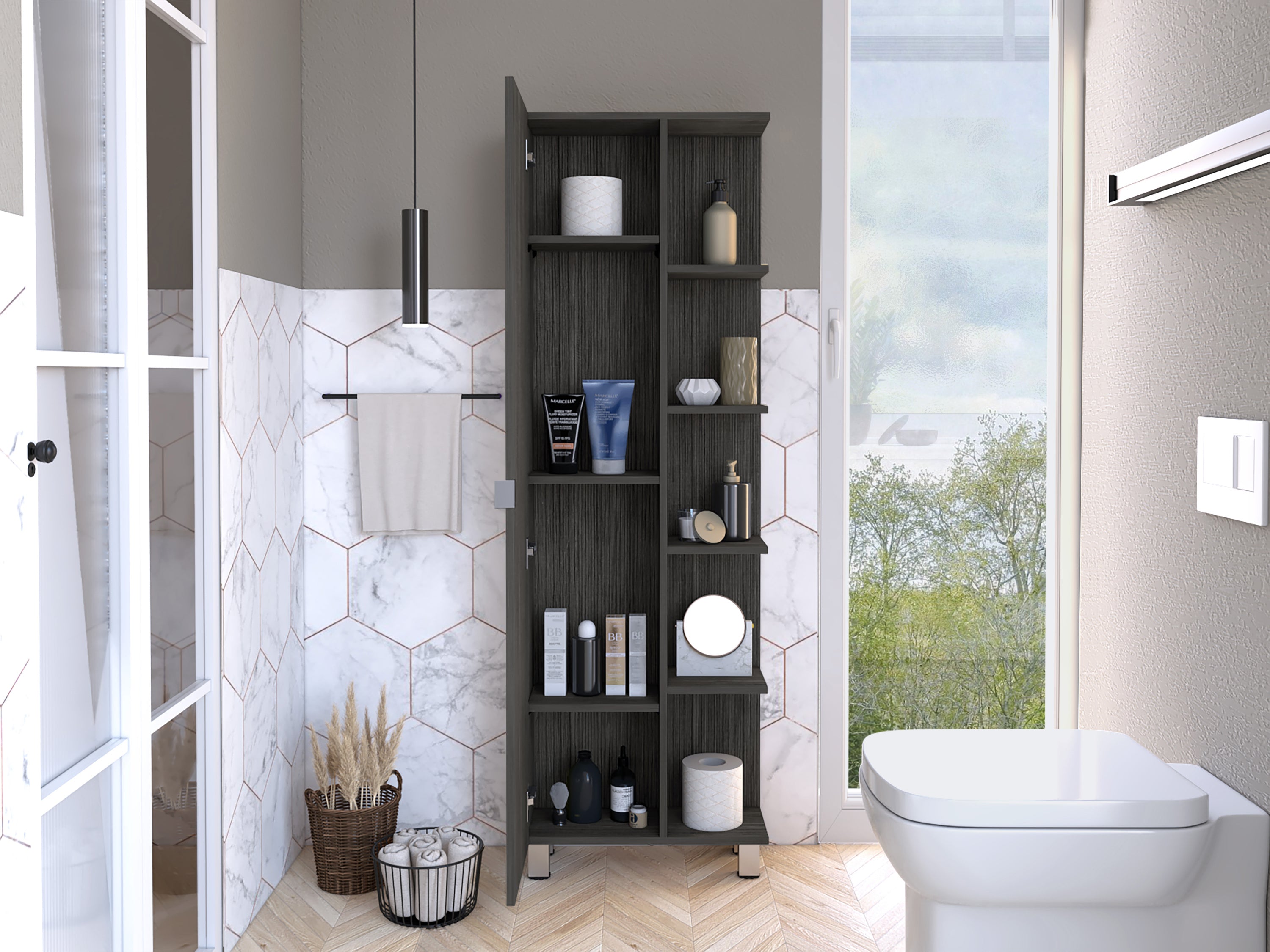 Urano Mirror Linen Cabinet, Four Interior  Shelves, Five External Shelves -Smokey Oak - Grand Goldman