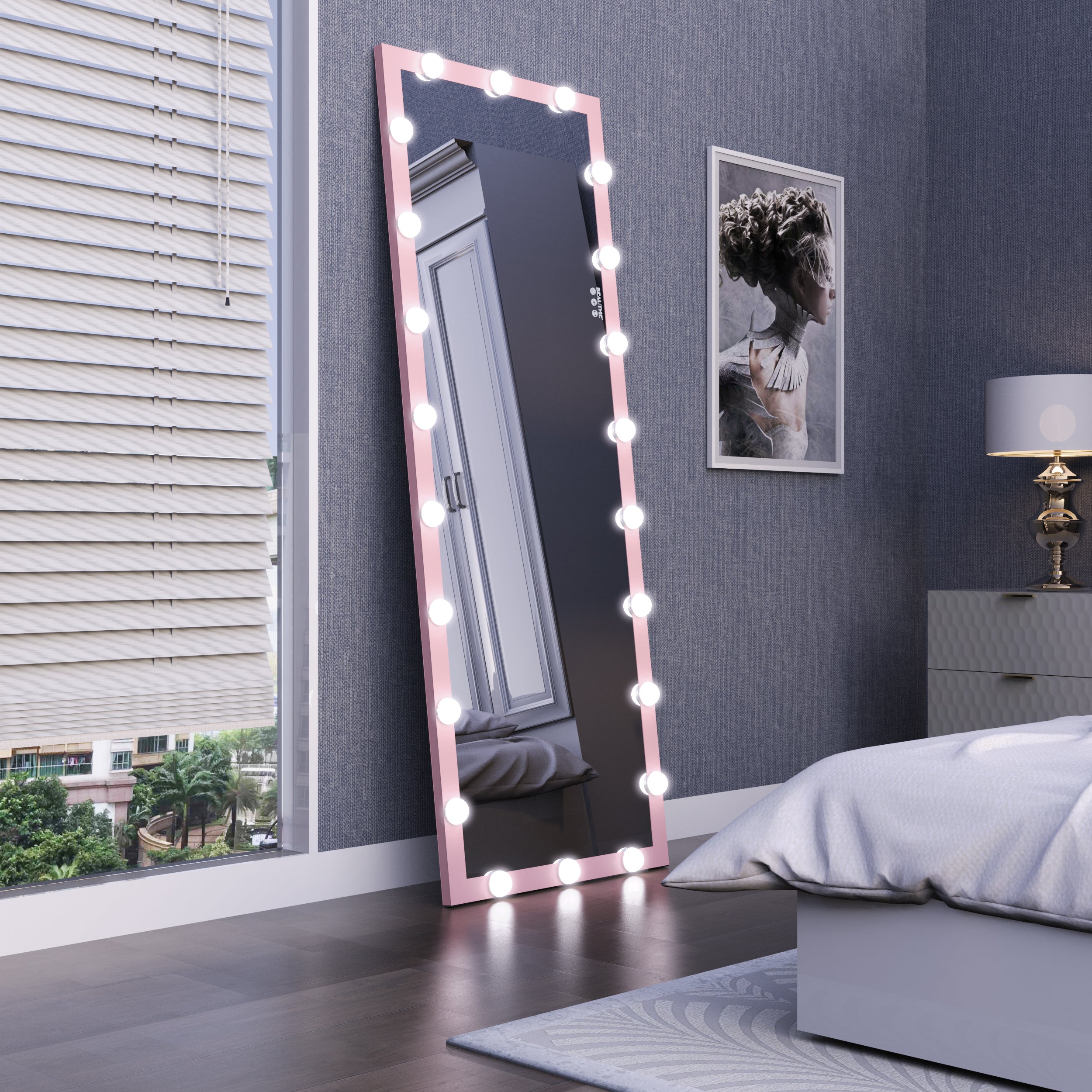 Hollywood Style Full Length Mirror with Lights, 3 Color Modes, Pink Aluminium, 62.6'x23.3' - Grand Goldman Shop