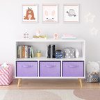 Kids Bookcase with Collapsible Fabric Drawers, Children's Book Display Organizer in White and Purple, MDF with Pine Legs - Gr