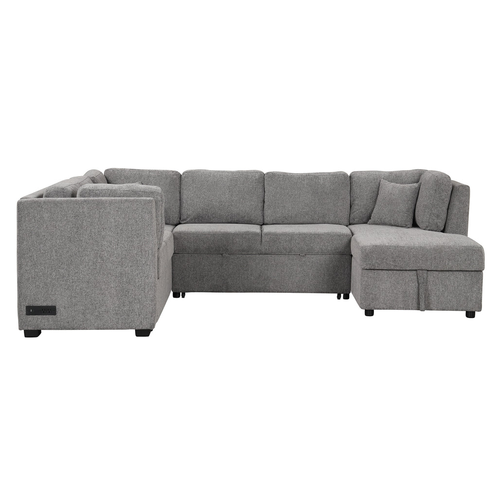 U-shaped Sectional Sofa Pull out Sofa Bed with USB Ports, Power Sockets, Storage Chaise, Light Gray Chenille, 108.6' - Grand Goldman Shop