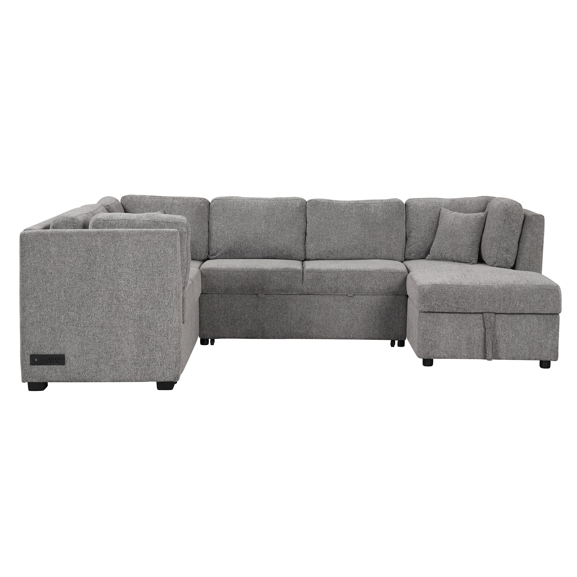 U-shaped Sectional Sofa Pull out Sofa Bed with USB Ports, Power Sockets, Storage Chaise, Light Gray Chenille, 108.6' - Grand Goldman Shop