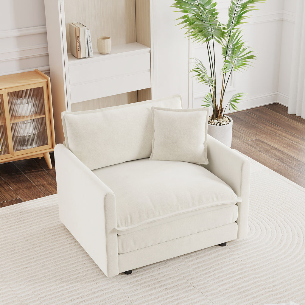 Comfy Deep Single Seat Sofa Upholstered Reading Armchair Living Room Chair White Chenille Fabric , 1 Toss Pillow - Grand Goldman Shop